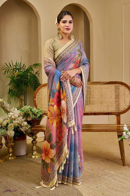Lavender Tissue Handloom Cotton Saree with Floral Zari Work for Women