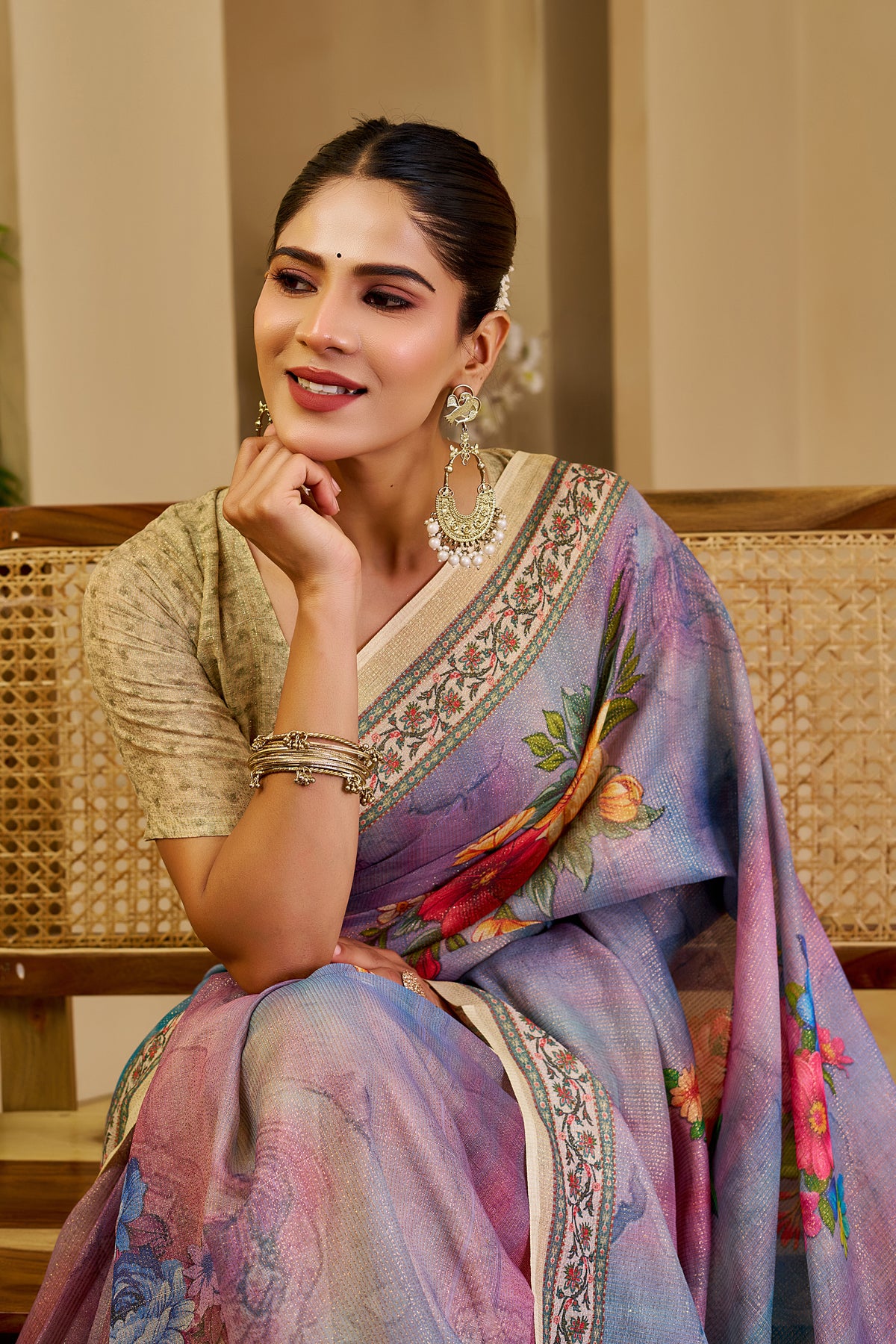 Lavender Tissue Handloom Cotton Saree with Floral Zari Work for Women
