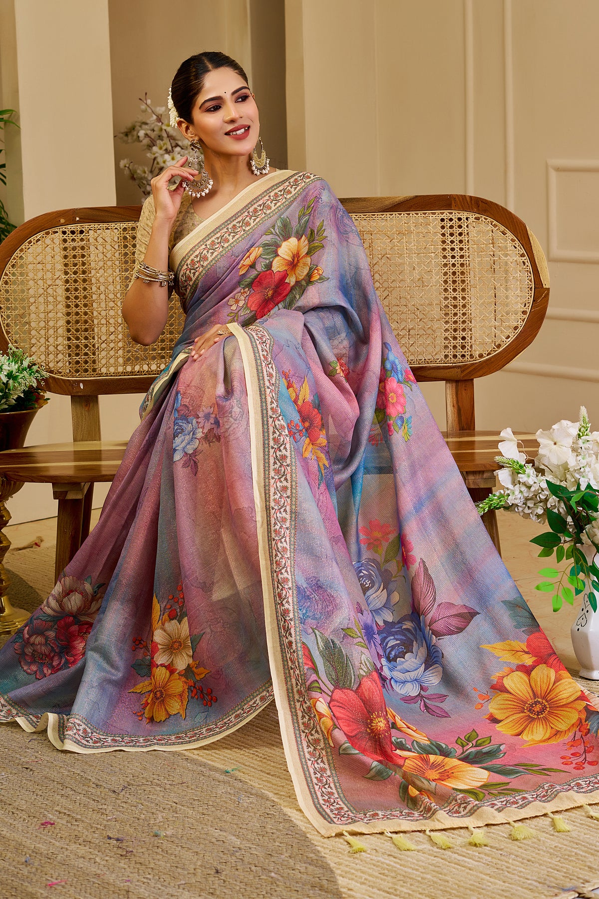Lavender Tissue Handloom Cotton Saree with Floral Zari Work for Women