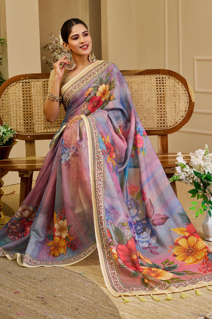 Lavender Tissue Handloom Cotton Saree with Floral Zari Work for Women