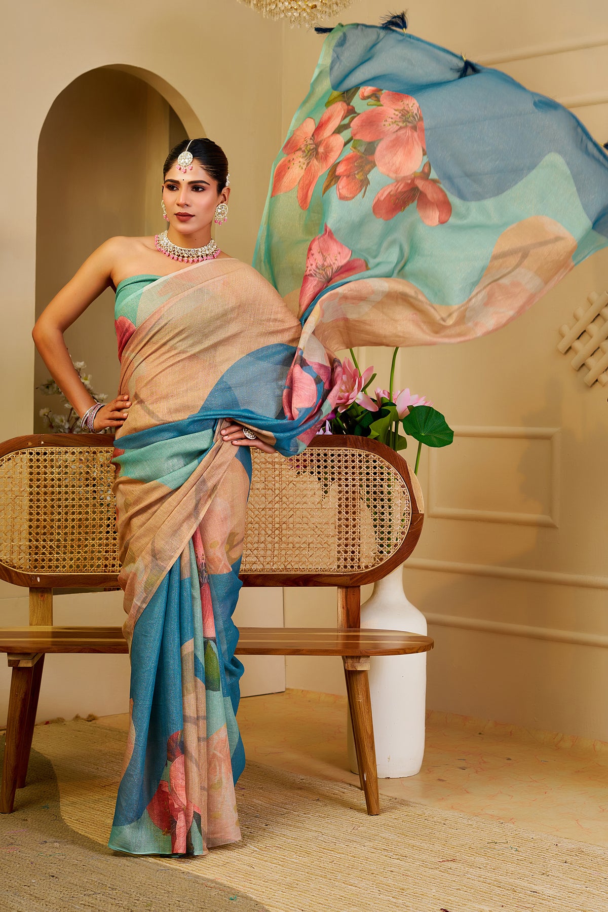Cream Tissue Cotton Saree with Blue Floral Digital Print for Women