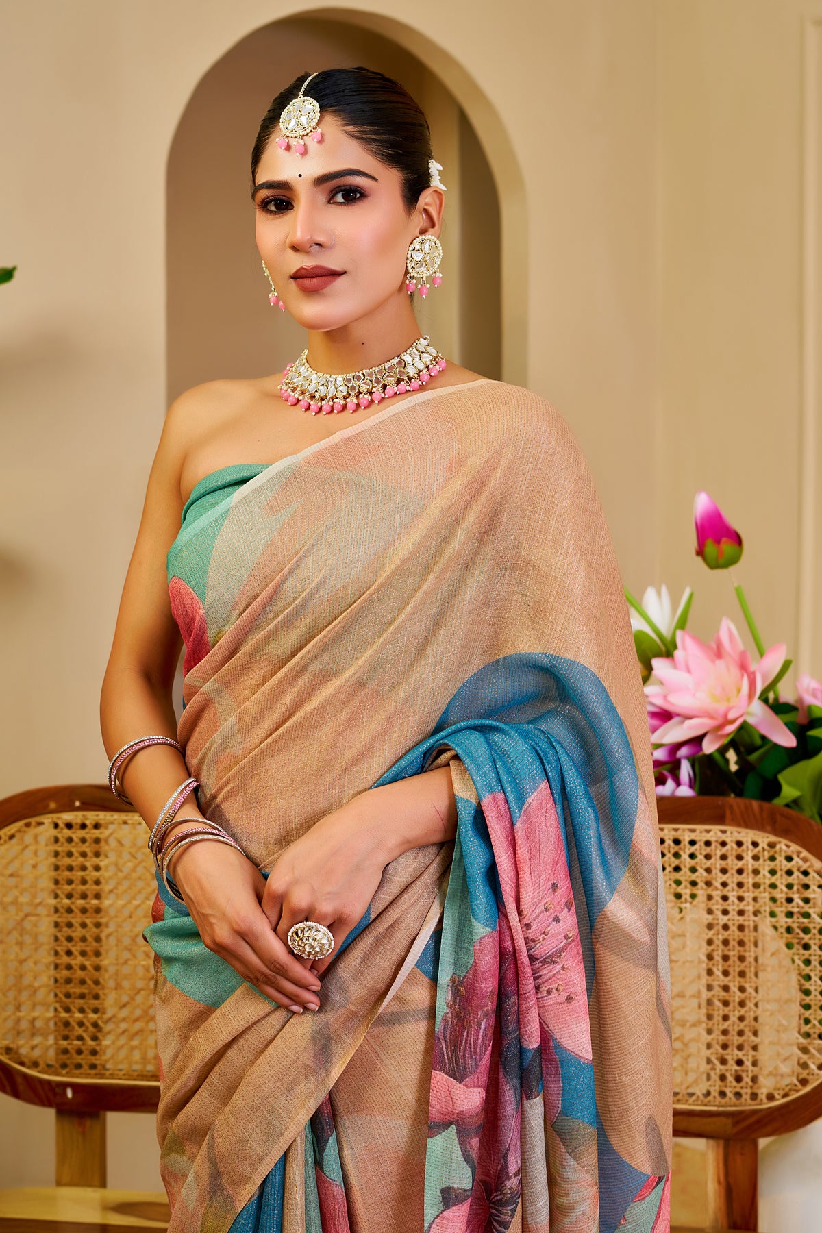 Cream Tissue Cotton Saree with Blue Floral Digital Print for Women