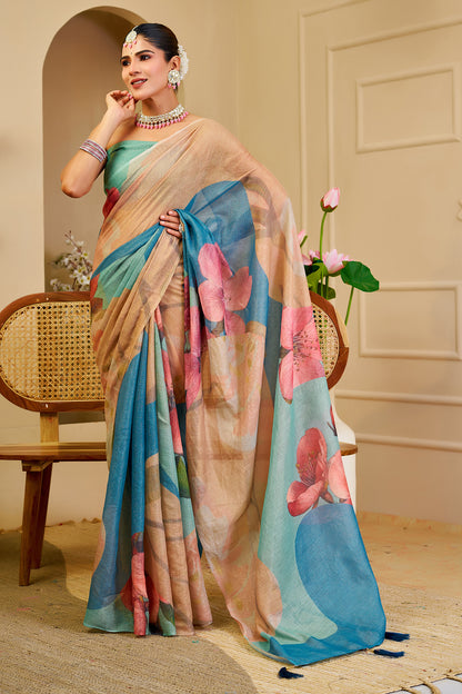 Cream Tissue Cotton Saree with Blue Floral Digital Print for Women