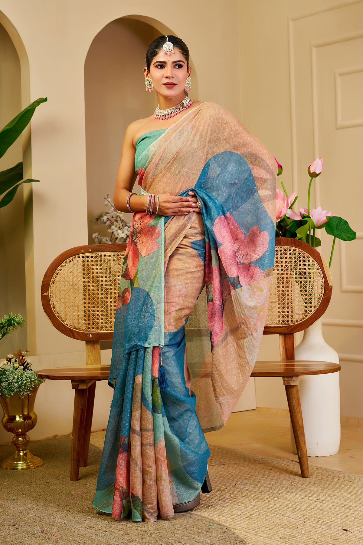 Cream Tissue Cotton Saree with Blue Floral Digital Print for Women