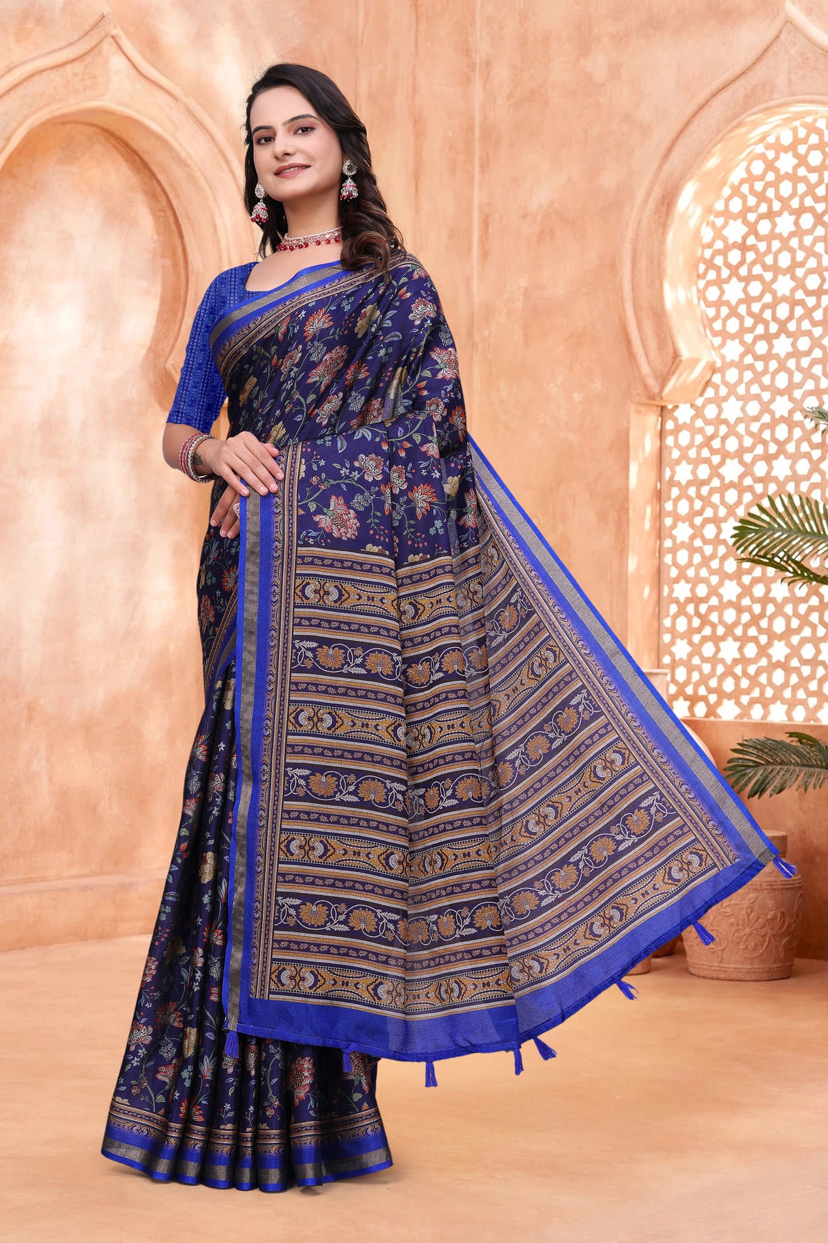 Navy Blue Mal Cotton Floral Saree With Blouse for Women