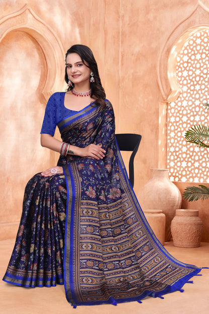 Navy Blue Mal Cotton Floral Saree With Blouse for Women