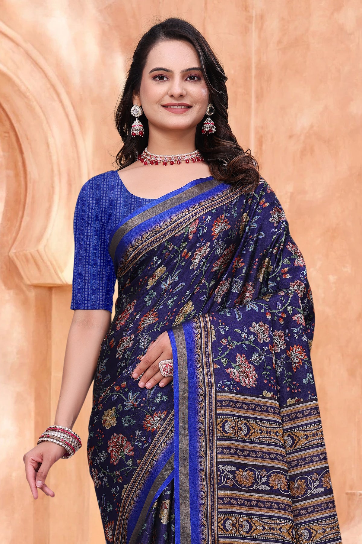 Navy Blue Mal Cotton Floral Saree With Blouse for Women