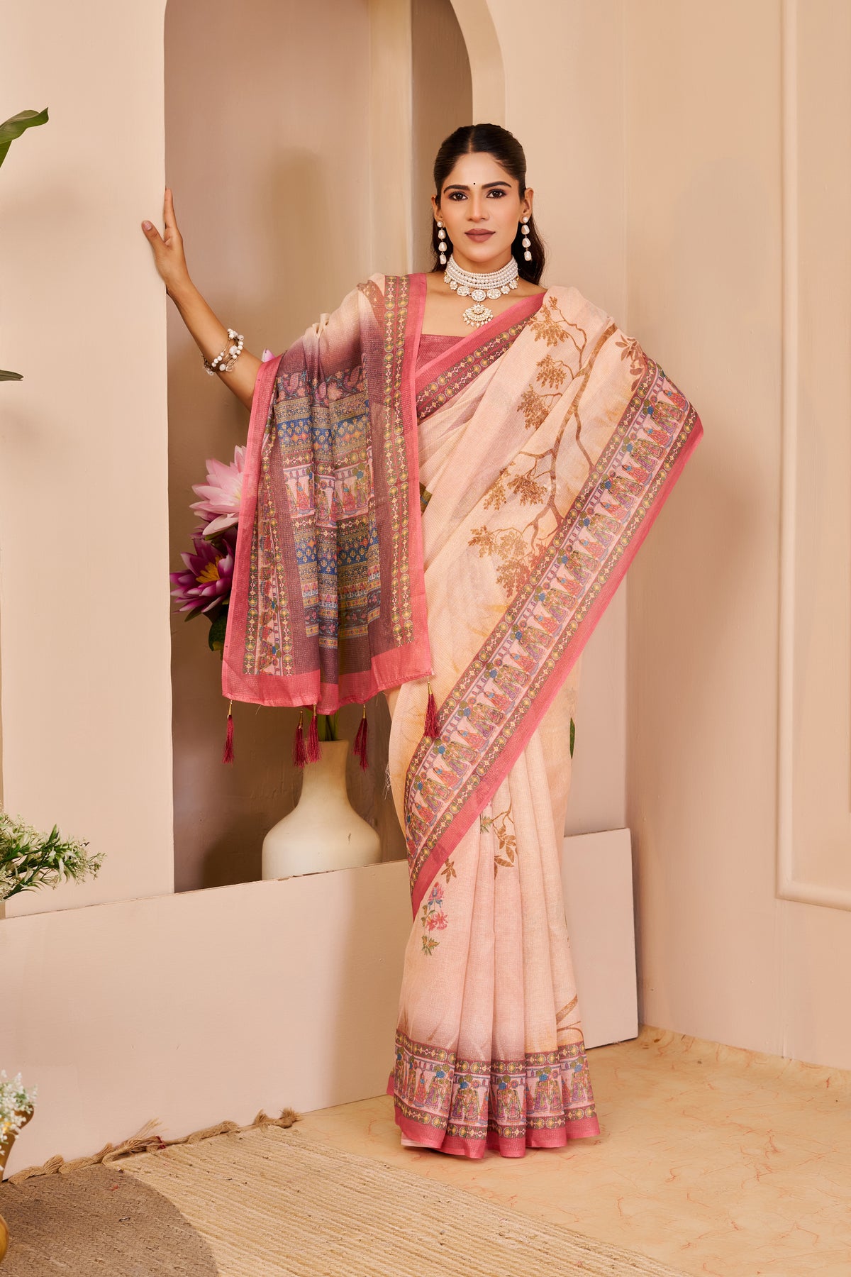 Peach Tissue Cotton Saree with Floral Print and Pink Border for Women