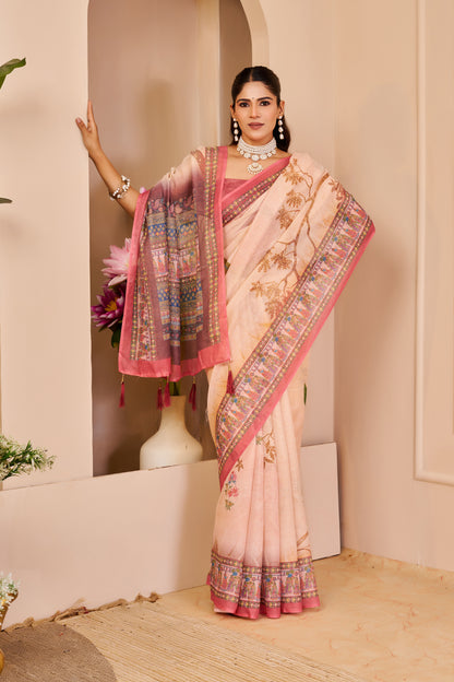 Peach Tissue Cotton Saree with Floral Print and Pink Border for Women