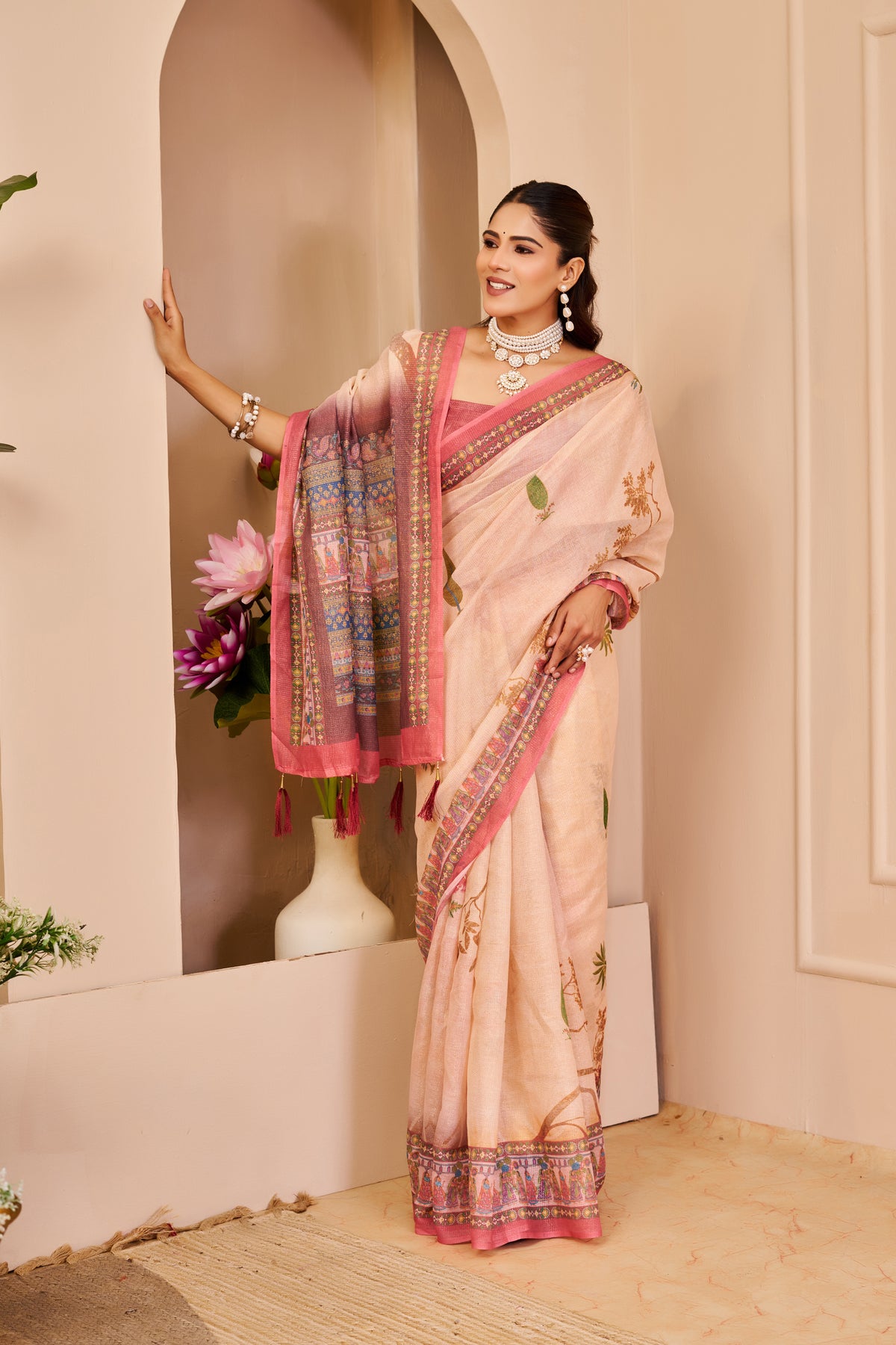 Peach Tissue Cotton Saree with Floral Print and Pink Border for Women