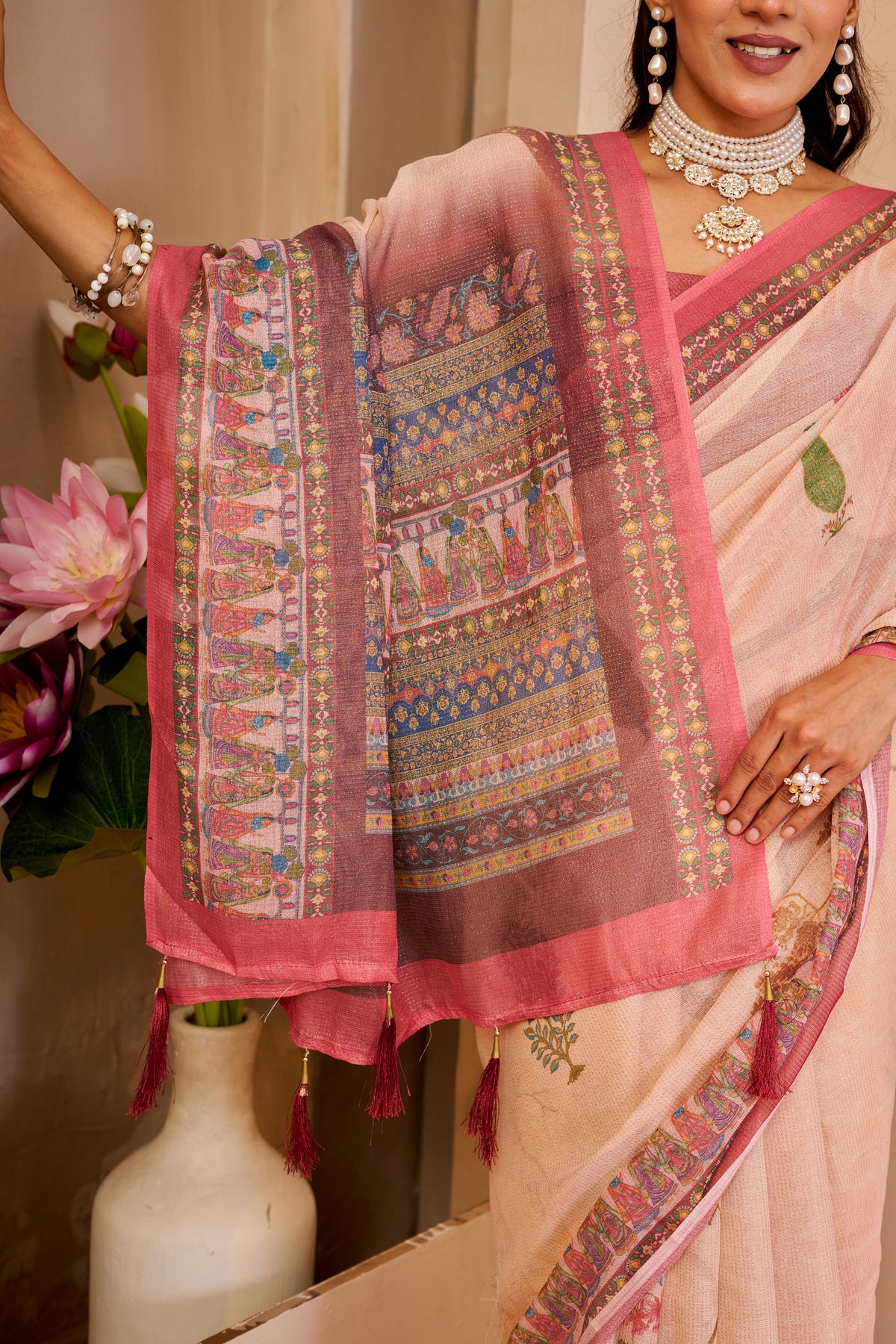 Peach Tissue Cotton Saree with Floral Print and Pink Border for Women