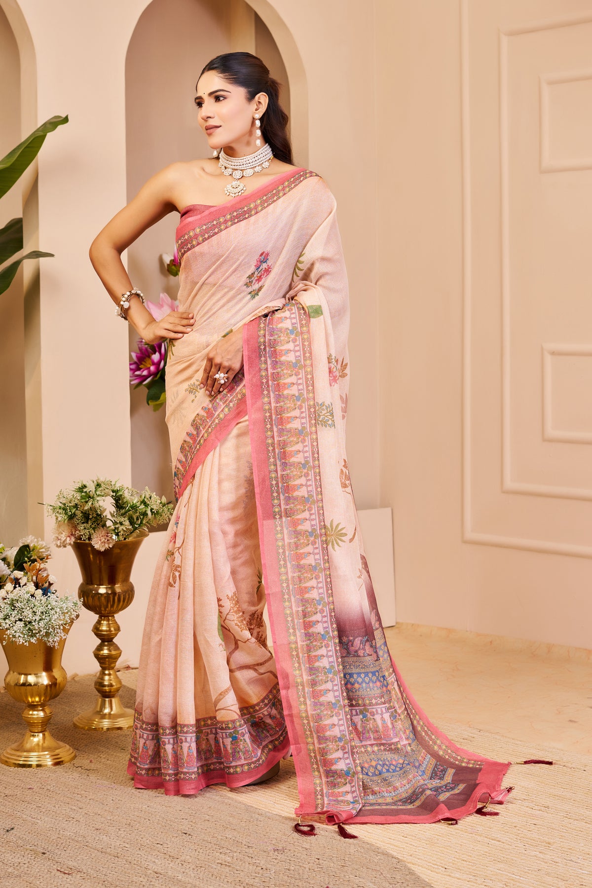 Peach Tissue Cotton Saree with Floral Print and Pink Border for Women