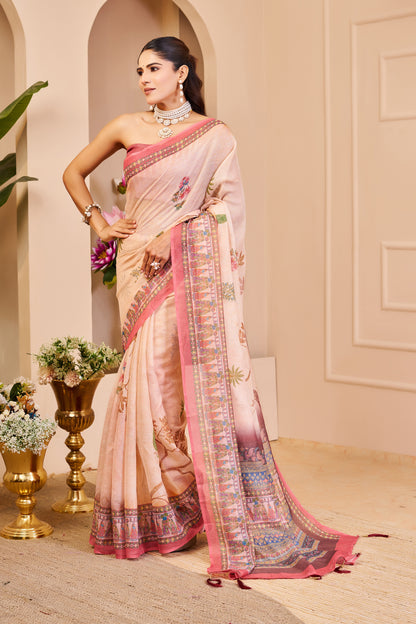 Peach Tissue Cotton Saree with Floral Print and Pink Border for Women