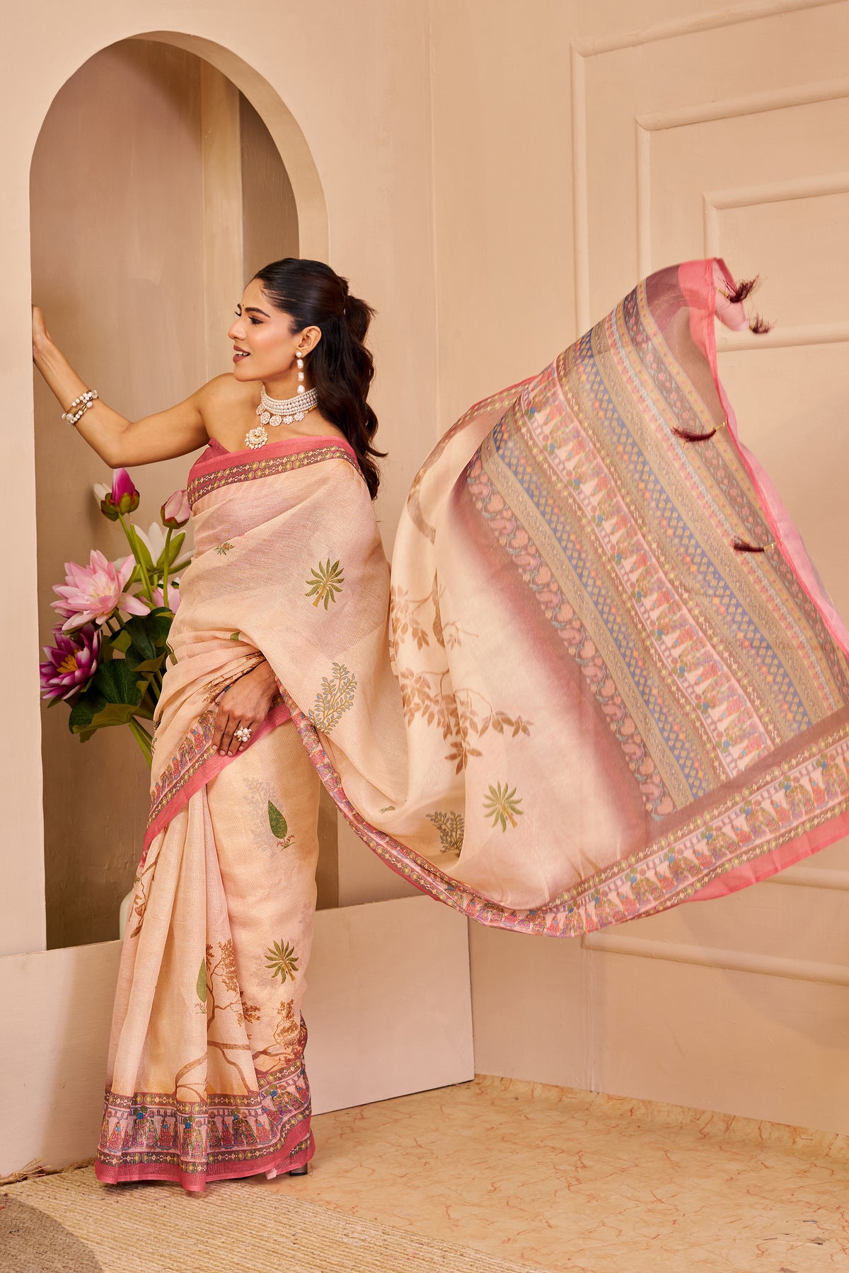 Peach Tissue Cotton Saree with Floral Print and Pink Border for Women