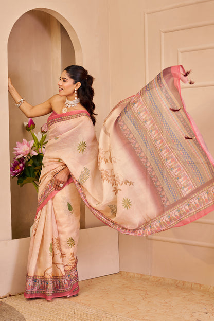 Peach Tissue Cotton Saree with Floral Print and Pink Border for Women