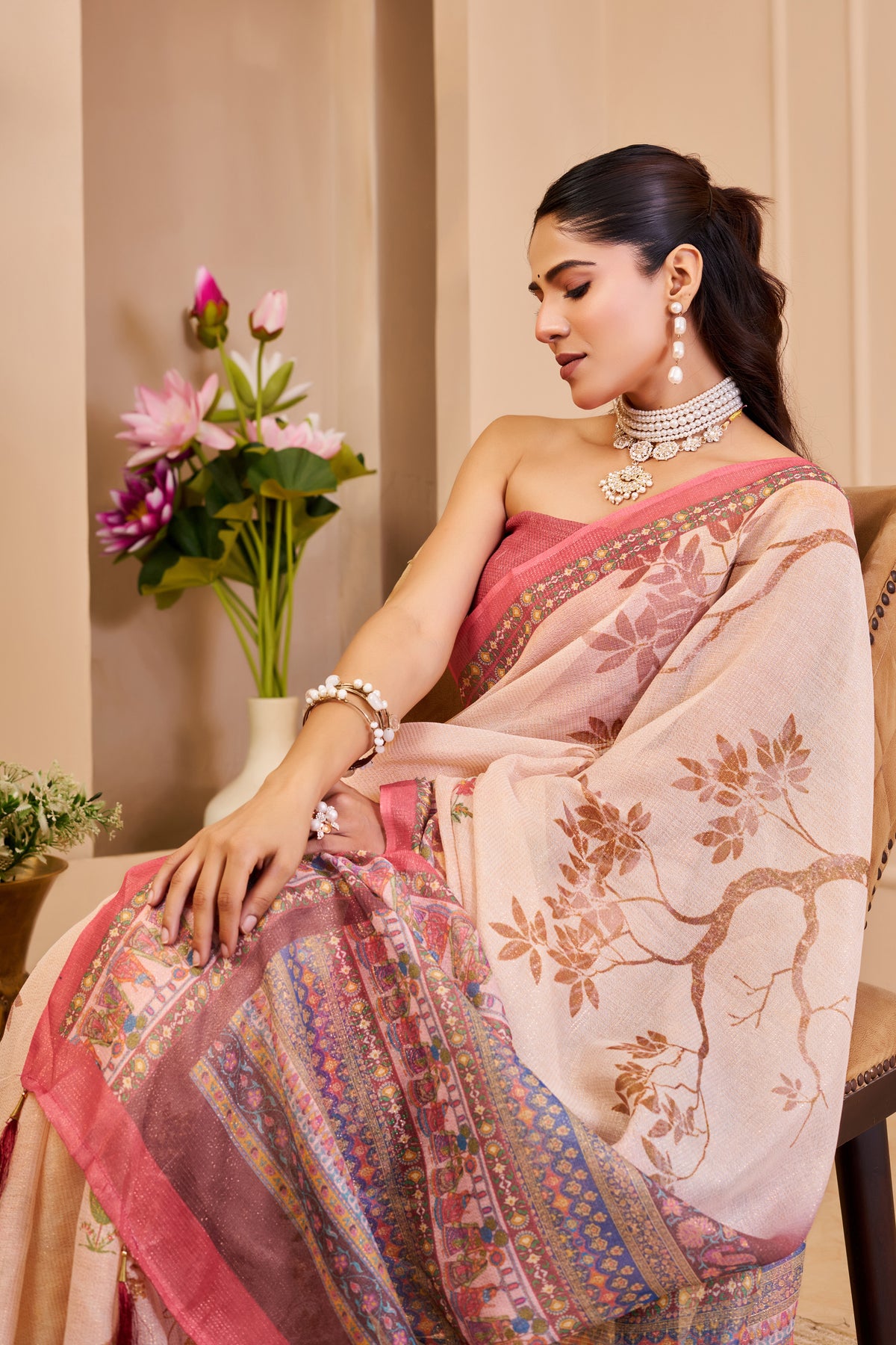 Peach Tissue Cotton Saree with Floral Print and Pink Border for Women