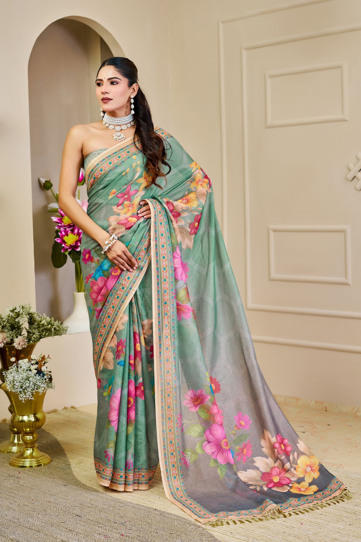 Mint Green Tissue Handloom Saree with Floral Print and Zari for Women