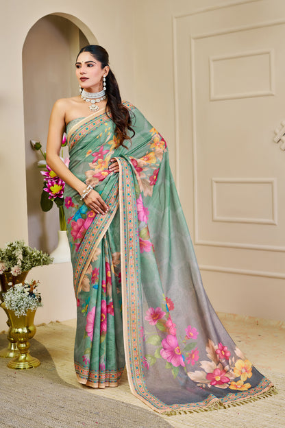 Mint Green Tissue Handloom Saree with Floral Print and Zari for Women