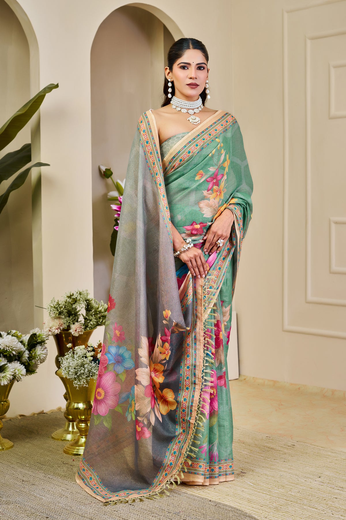 Mint Green Tissue Handloom Saree with Floral Print and Zari for Women