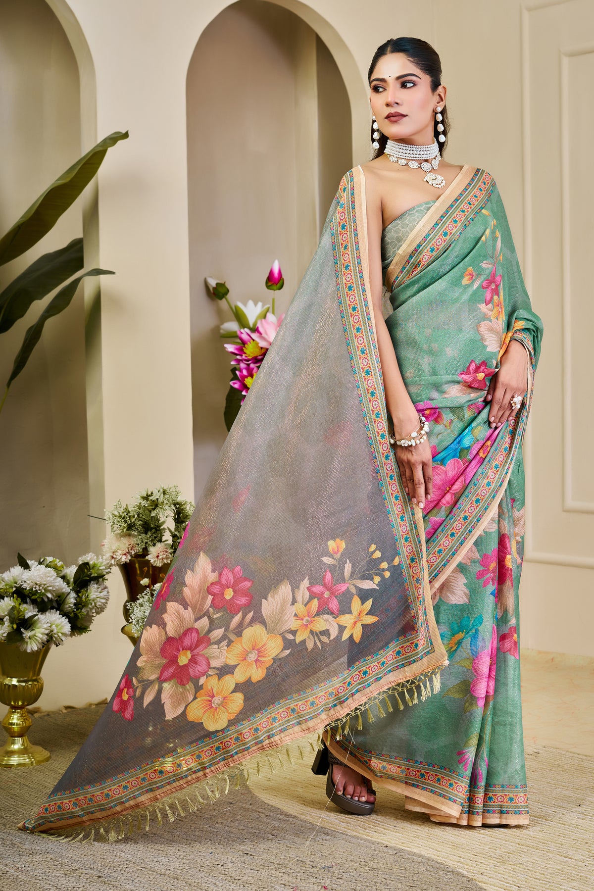 Mint Green Tissue Handloom Saree with Floral Print and Zari for Women