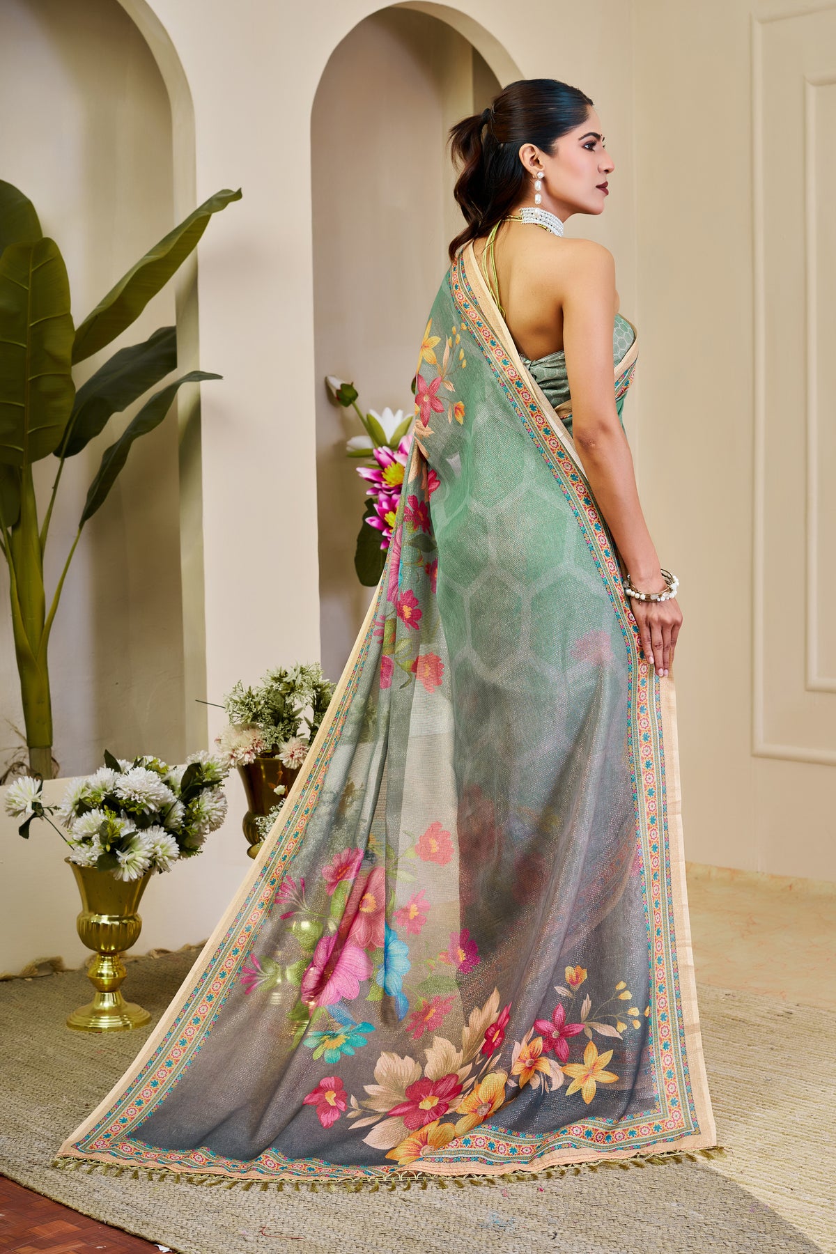 Mint Green Tissue Handloom Saree with Floral Print and Zari for Women