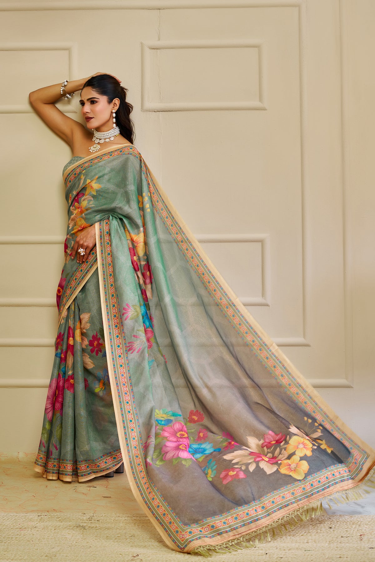 Mint Green Tissue Handloom Saree with Floral Print and Zari for Women