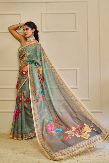 Mint Green Tissue Handloom Saree with Floral Print and Zari for Women