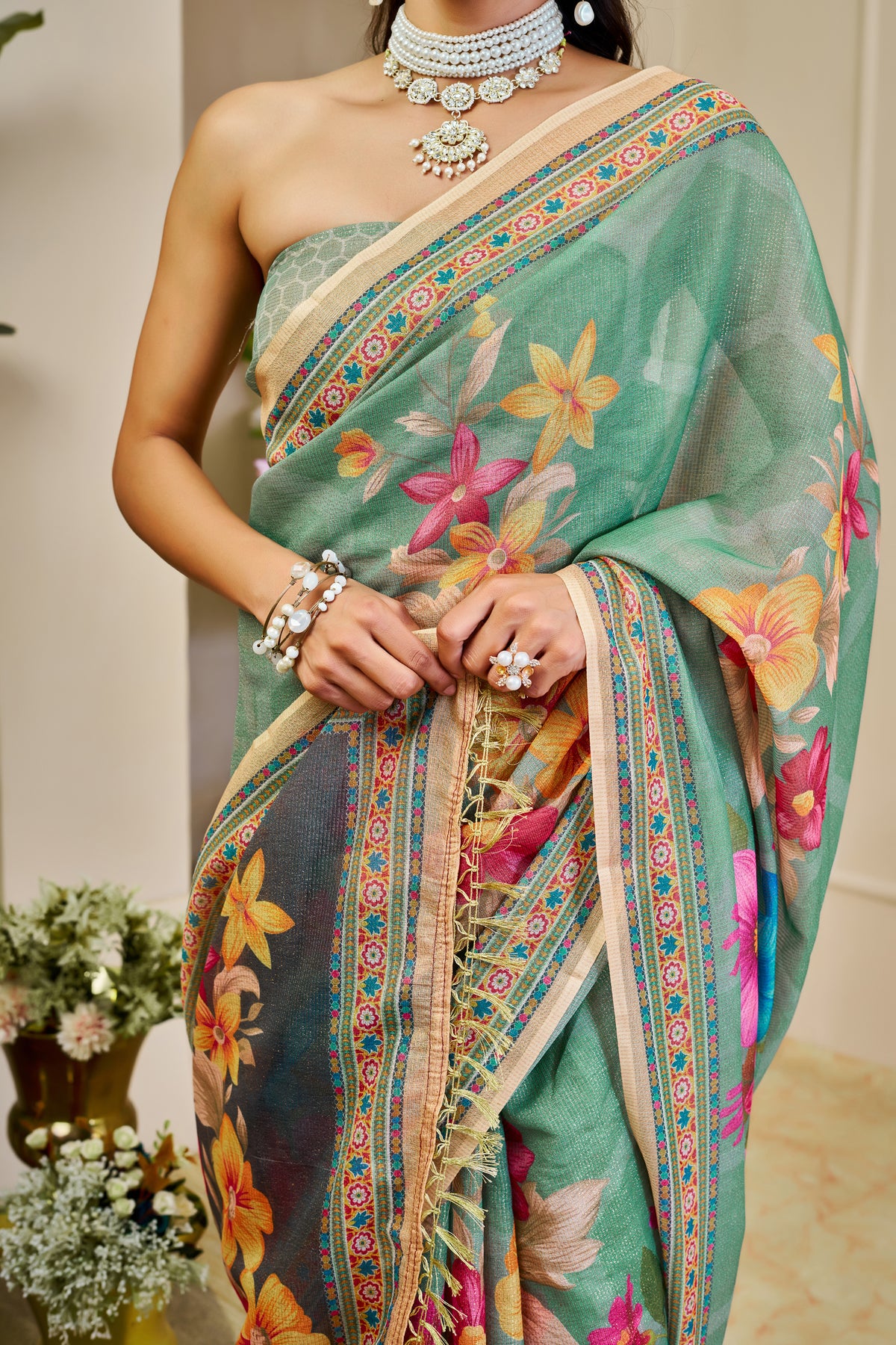 Mint Green Tissue Handloom Saree with Floral Print and Zari for Women