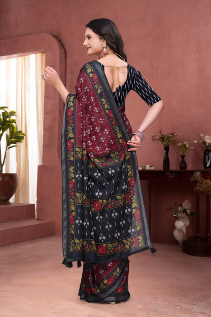 Maroon Mal Cotton Ethnic Saree With Blouse from for Women