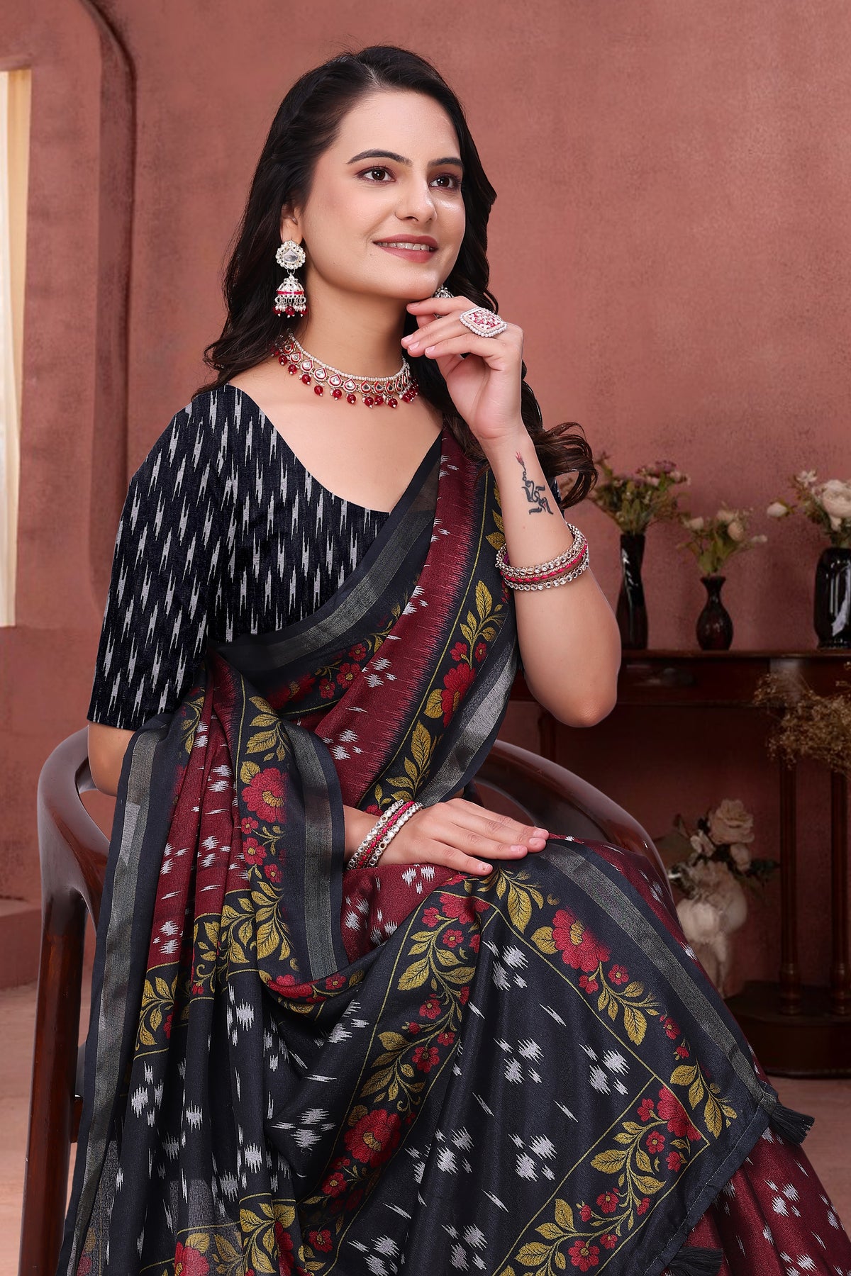 Maroon Mal Cotton Ethnic Saree With Blouse from for Women