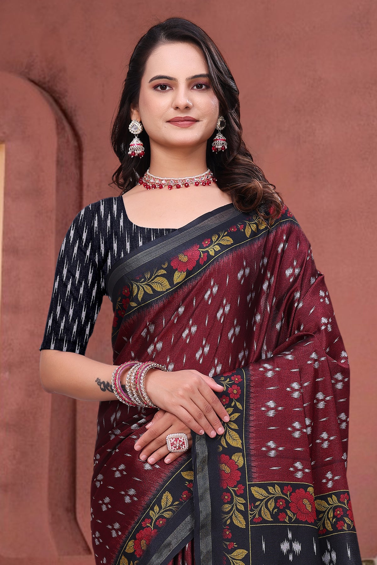 Maroon Mal Cotton Ethnic Saree With Blouse from for Women
