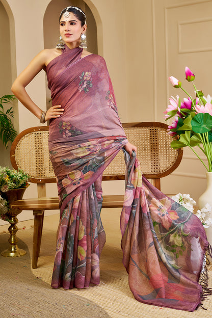 Maroon Tissue Cotton Saree with Floral Print and Zari Work for Women