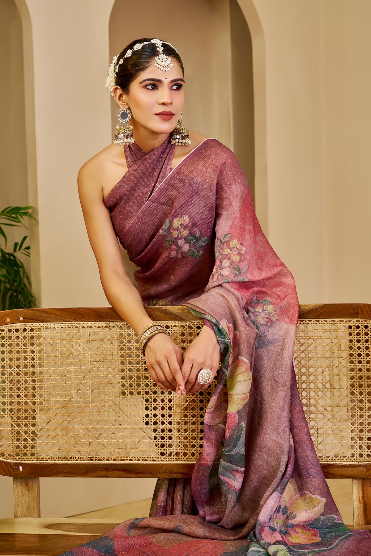 Maroon Tissue Cotton Saree with Floral Print and Zari Work for Women