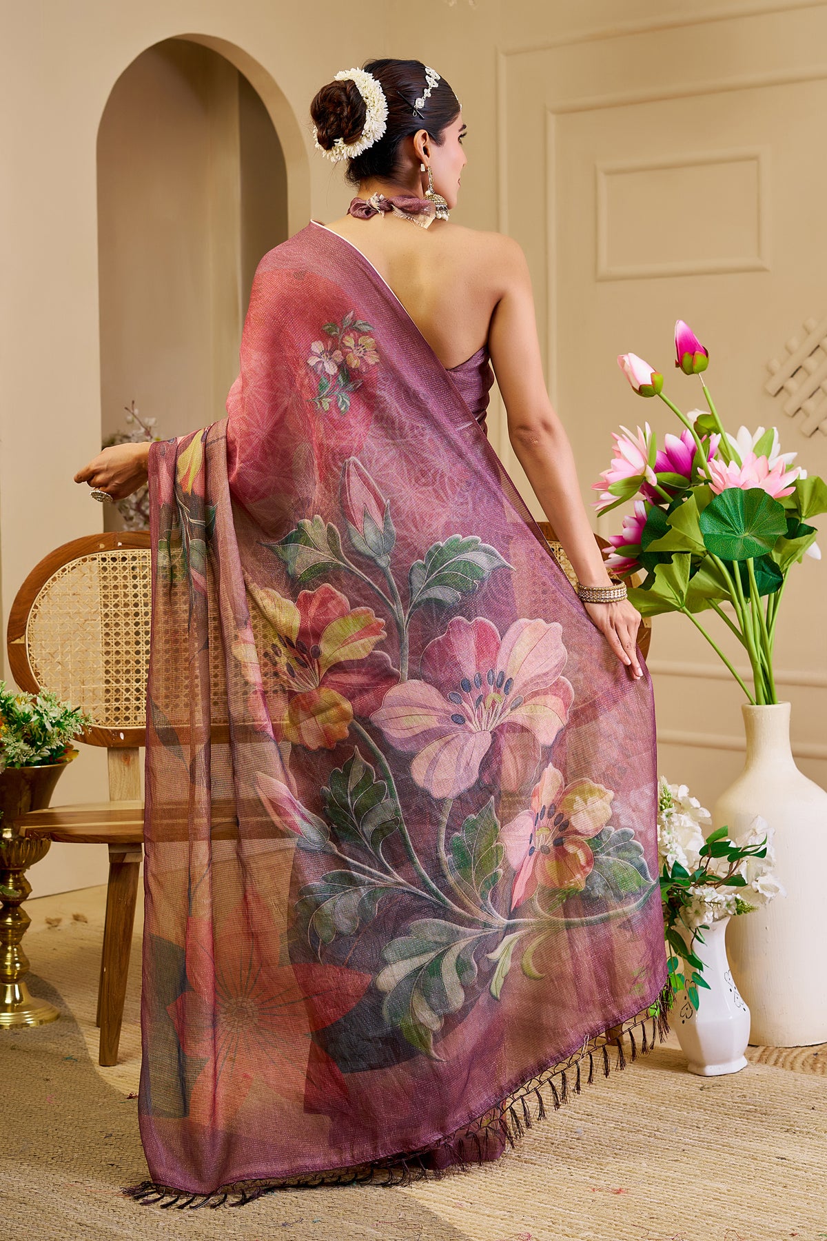 Maroon Tissue Cotton Saree with Floral Print and Zari Work for Women