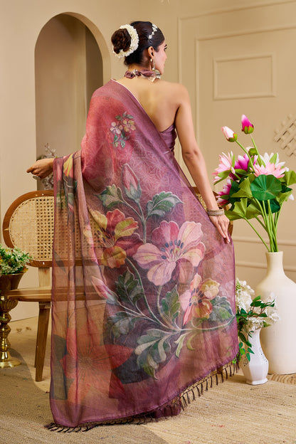 Maroon Tissue Cotton Saree with Floral Print and Zari Work for Women