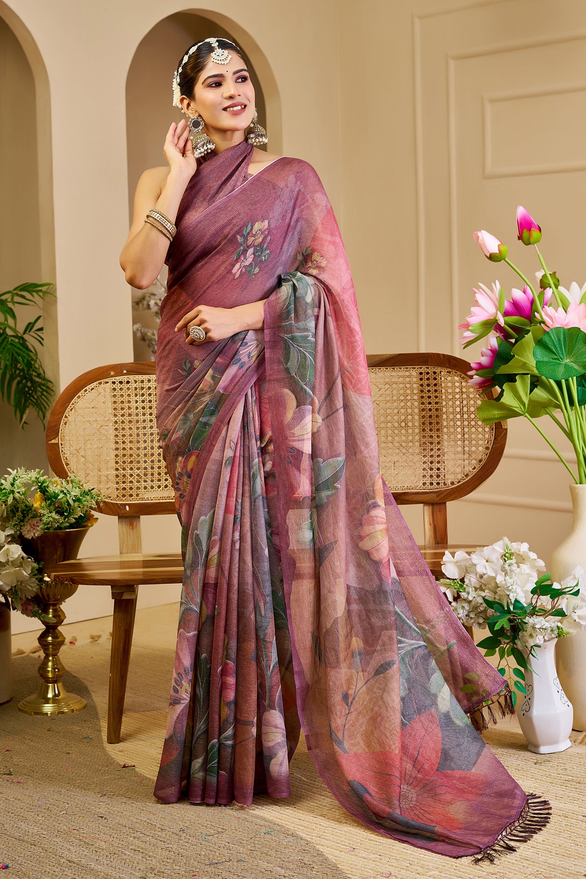Maroon Tissue Cotton Saree with Floral Print and Zari Work for Women