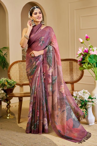 Maroon Tissue Cotton Saree with Floral Print and Zari Work for Women