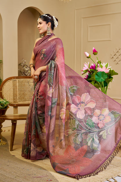 Maroon Tissue Cotton Saree with Floral Print and Zari Work for Women