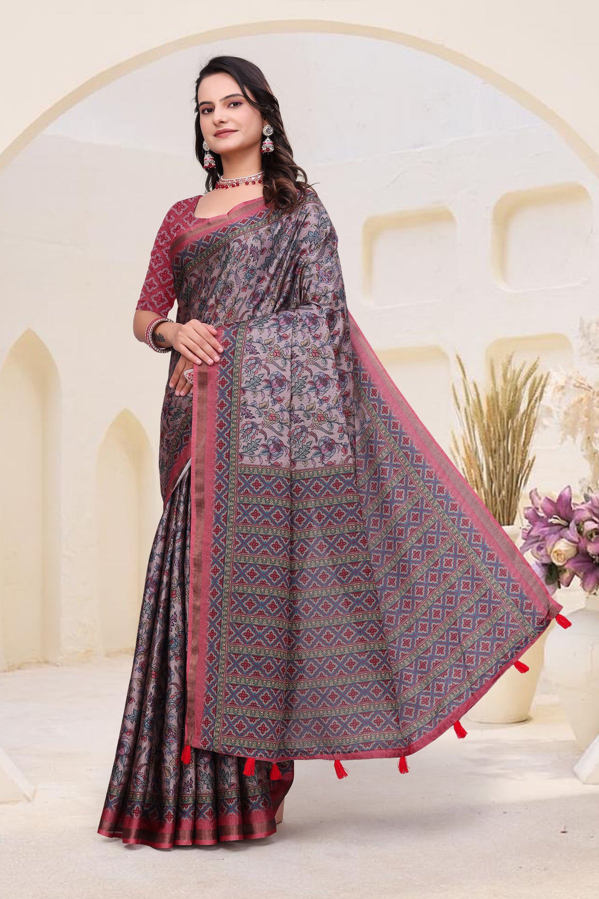 `Rose Grey Mal Cotton Floral Saree With Blouse for Women