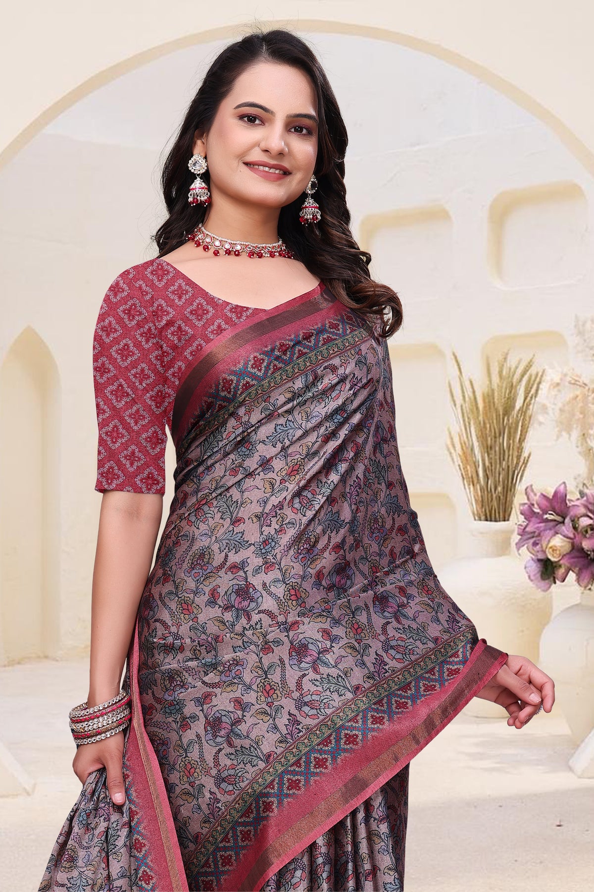 `Rose Grey Mal Cotton Floral Saree With Blouse for Women