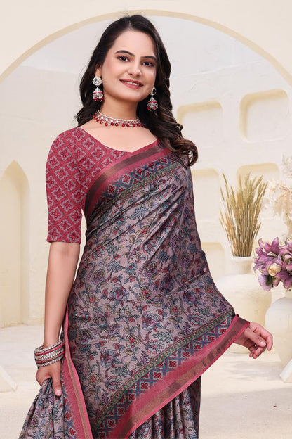 `Rose Grey Mal Cotton Floral Saree With Blouse for Women