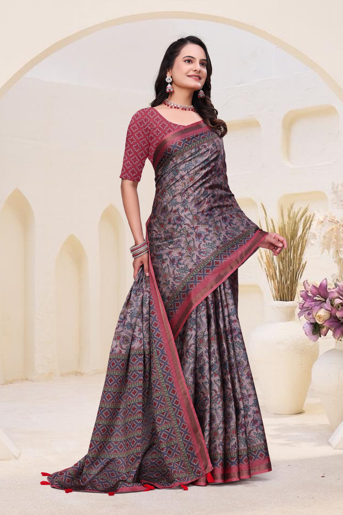 `Rose Grey Mal Cotton Floral Saree With Blouse for Women