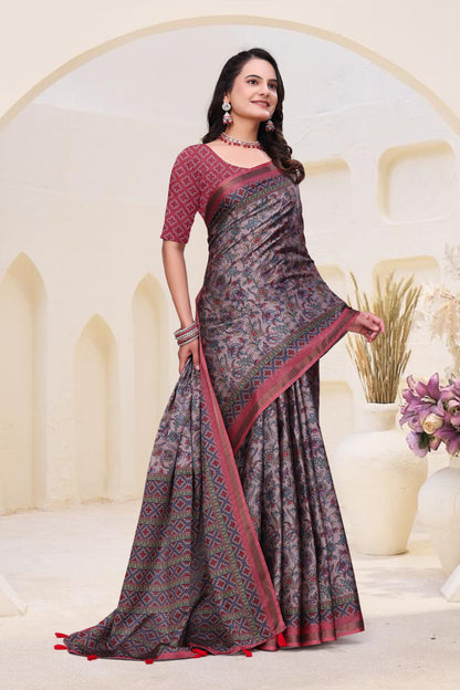 `Rose Grey Mal Cotton Floral Saree With Blouse for Women
