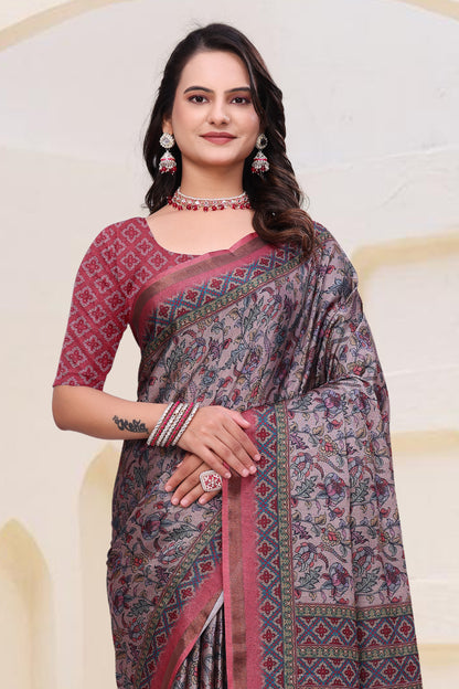 `Rose Grey Mal Cotton Floral Saree With Blouse for Women
