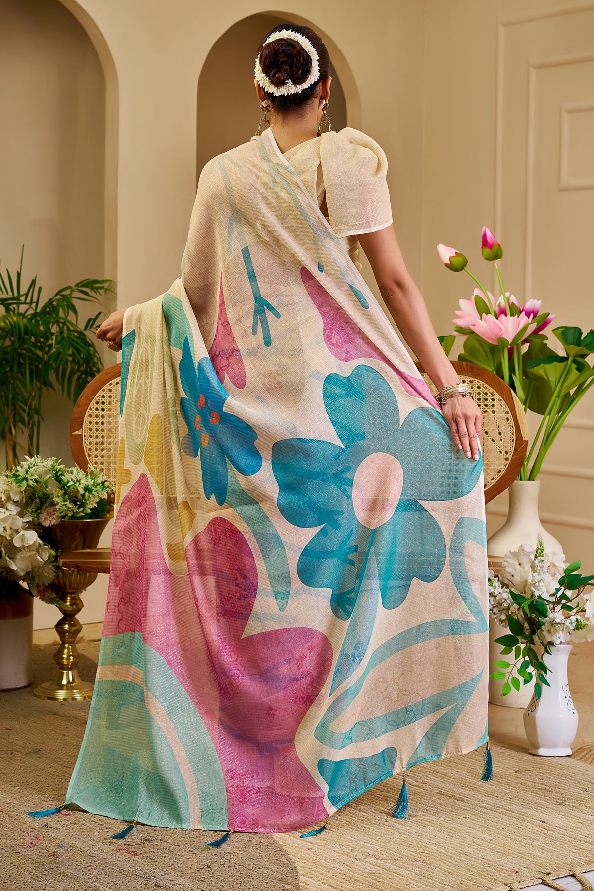 Cream Floral Tissue Cotton Saree with Zari Work and Tassels for Women