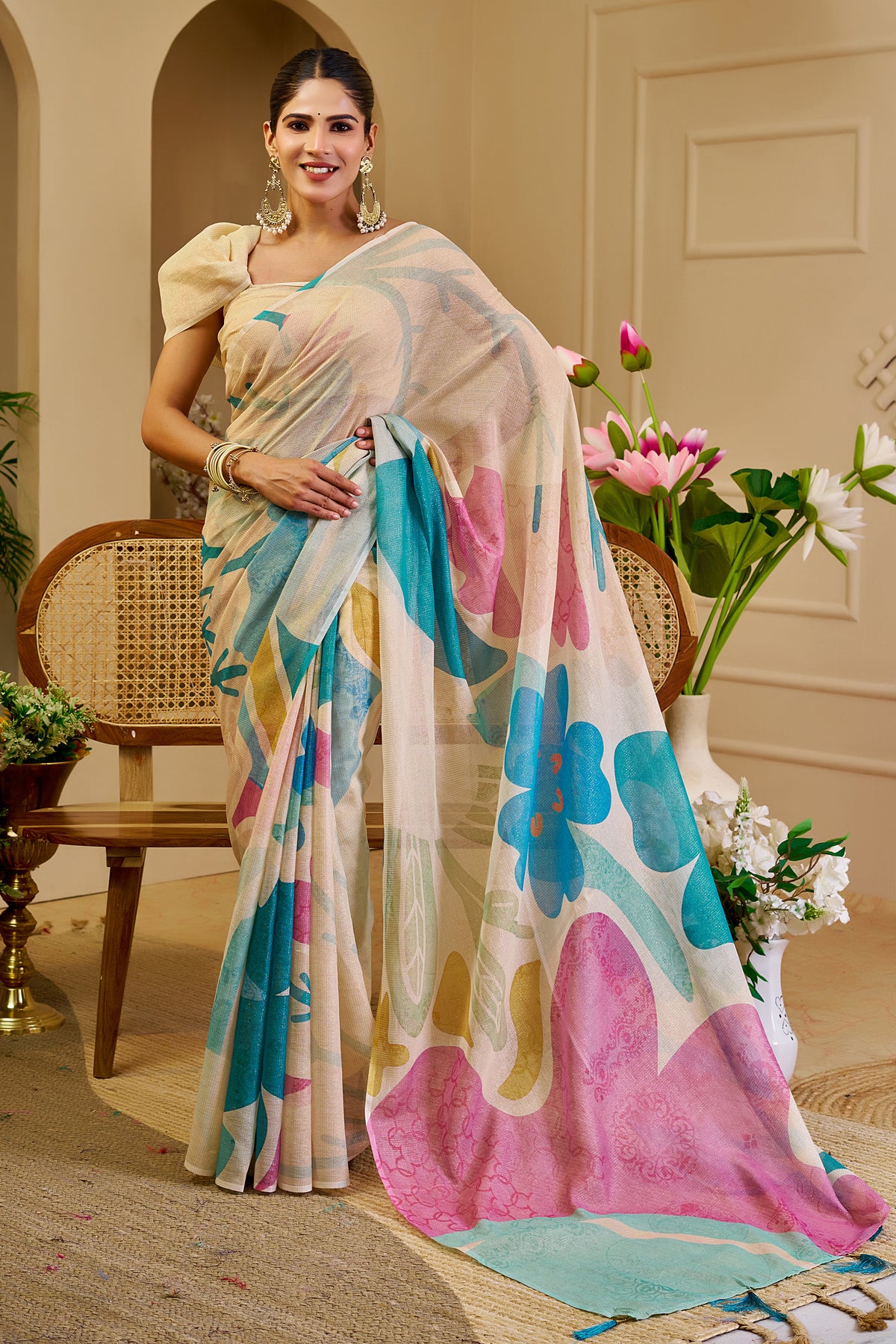 Cream Floral Tissue Cotton Saree with Zari Work and Tassels for Women