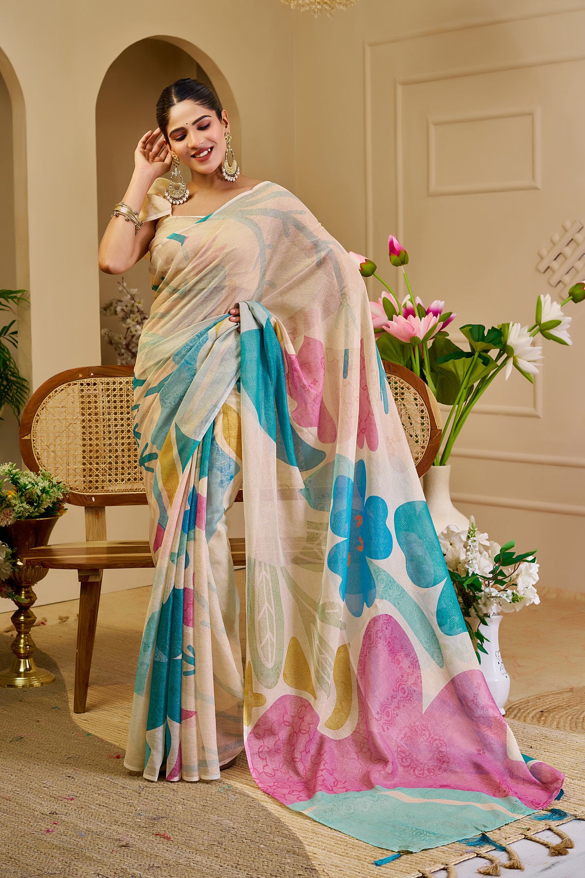 Cream Floral Tissue Cotton Saree with Zari Work and Tassels for Women