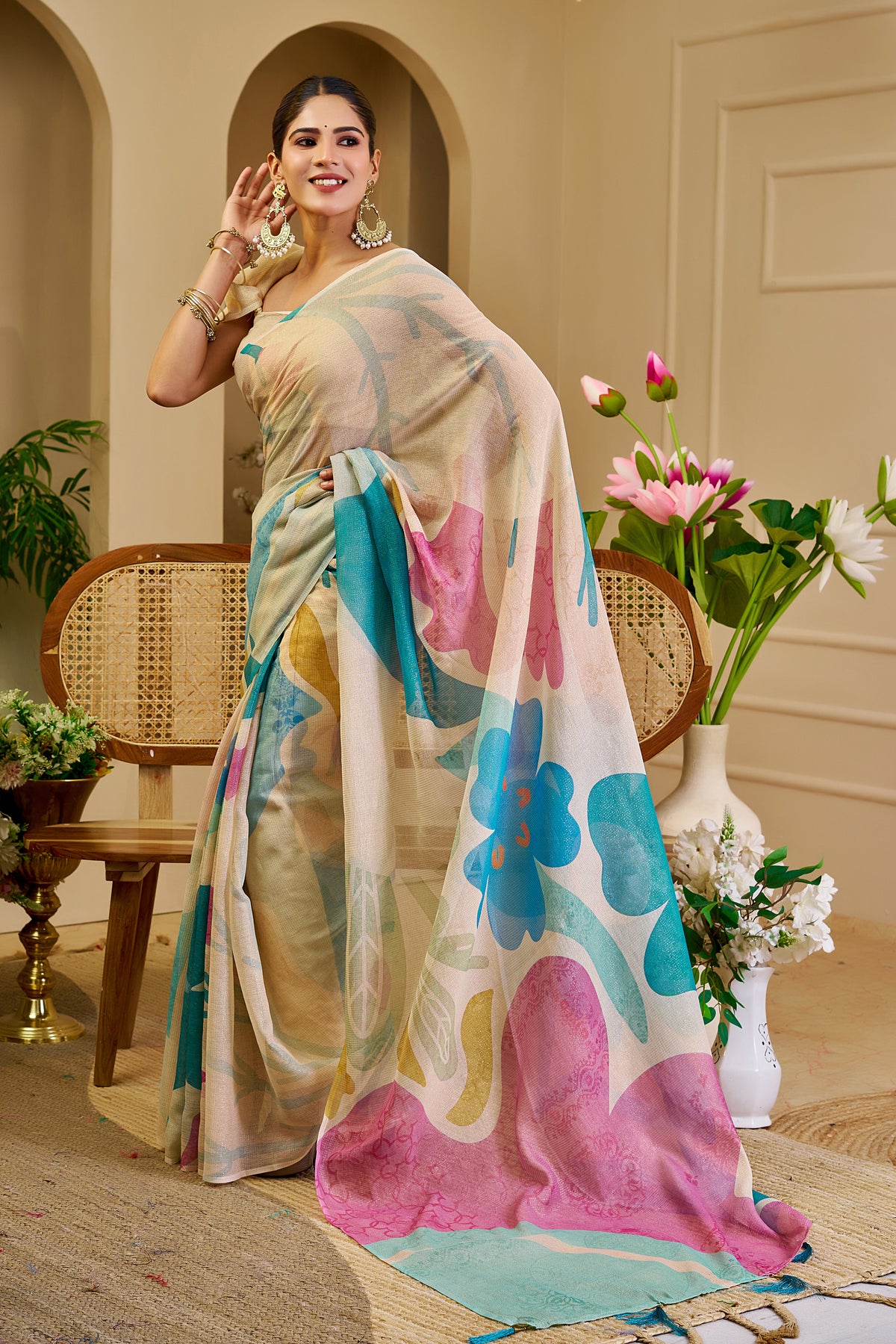Cream Floral Tissue Cotton Saree with Zari Work and Tassels for Women