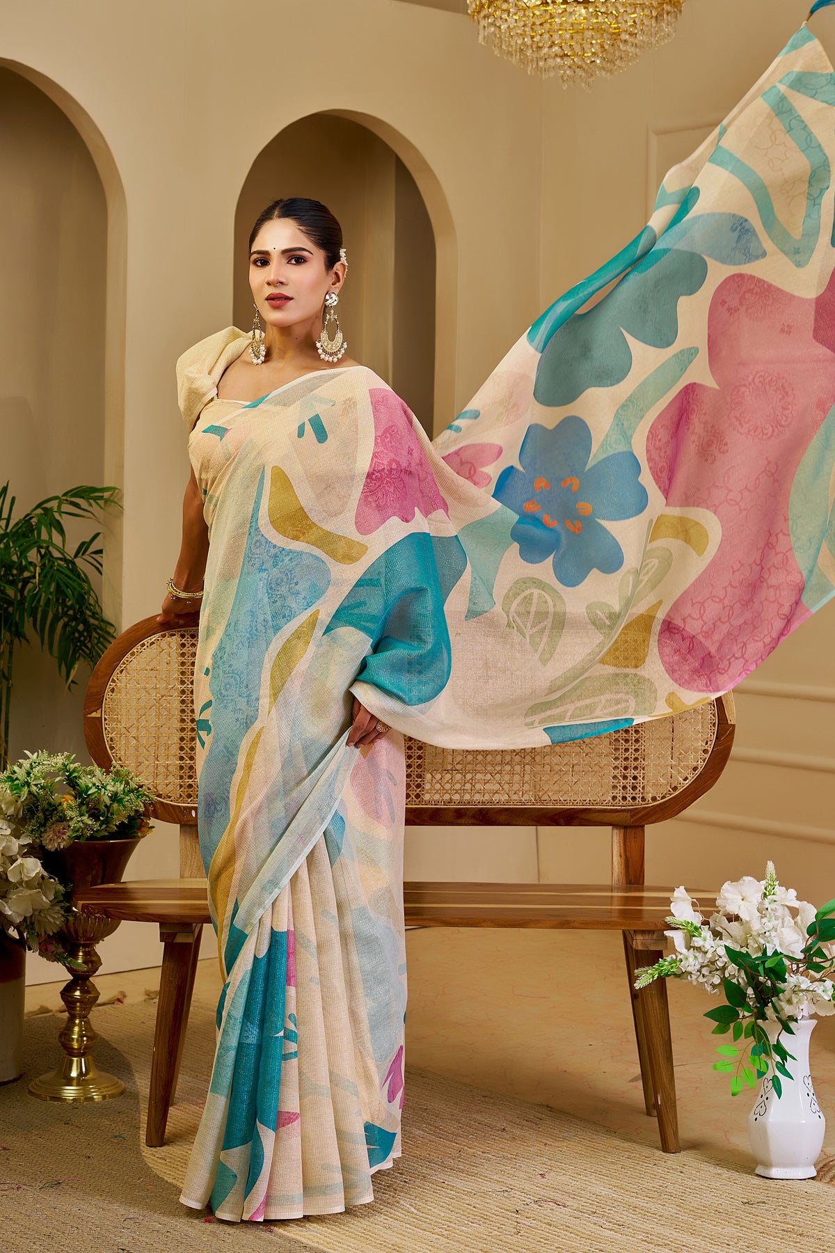 Cream Floral Tissue Cotton Saree with Zari Work and Tassels for Women