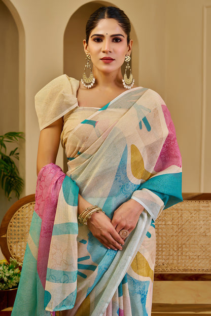 Cream Floral Tissue Cotton Saree with Zari Work and Tassels for Women